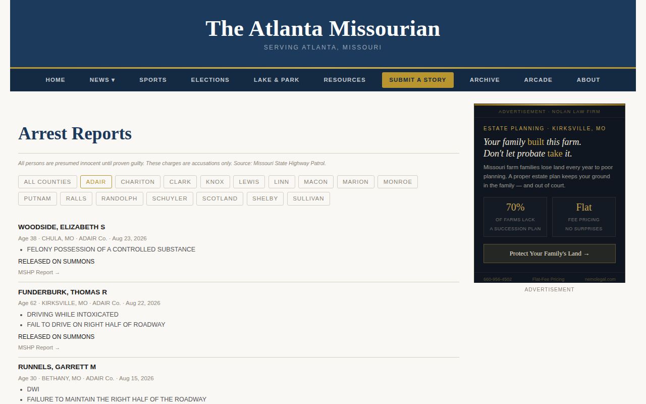 Atlanta Missourian Adair County arrest filter showing secondary MSHP report context
