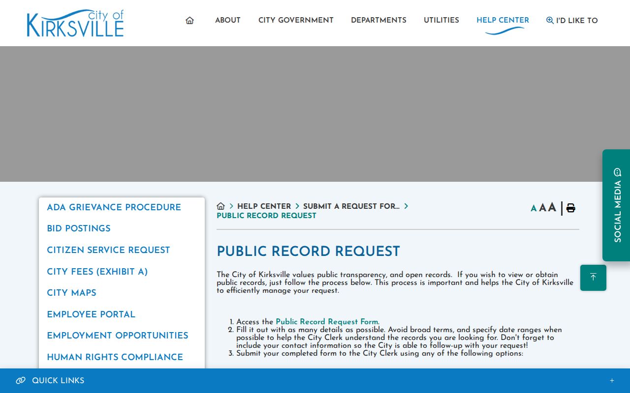 Kirksville official public-record request page for city police reports