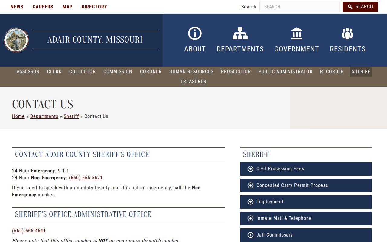 Adair County Sheriff's Office contact page for arrest and detention questions