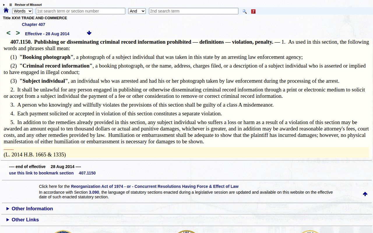 Missouri statute on fees for removing or correcting criminal record information