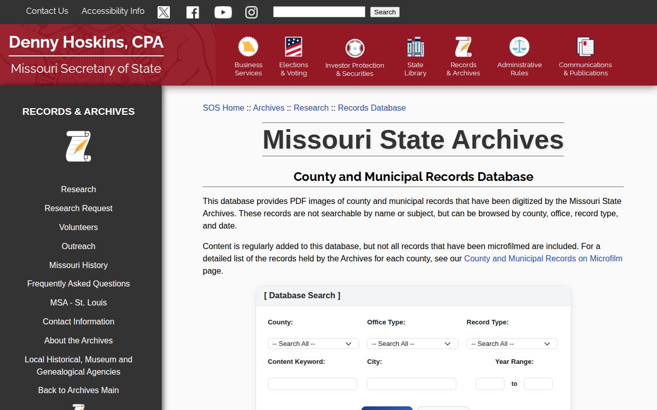 Missouri County and Municipal Records Database used for historical Adair County records research
