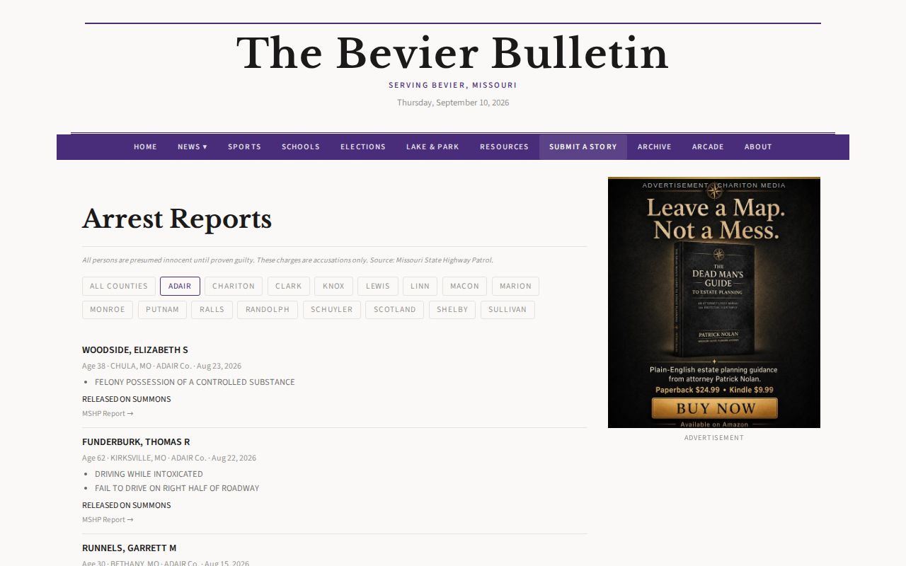 Bevier Bulletin Adair County arrest report filter with MSHP-based fields